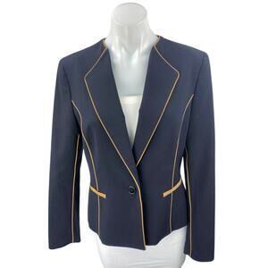 Nine West Women's Blue Orange Trim Long Sleeve One Button Blazer Coat Jacket 6